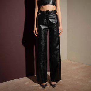 NWT. F.ILKK BLACK LEATHER PANTS CUT-OUT STRAIGHT LEG PANTS